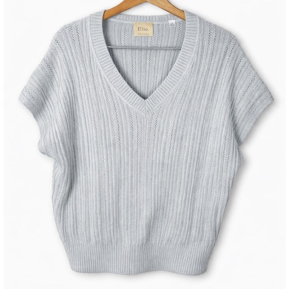 Elie Tahari Light Blue V-Neck Knit Top Sz Small Ribbed Soft Stretch Sweater Tee